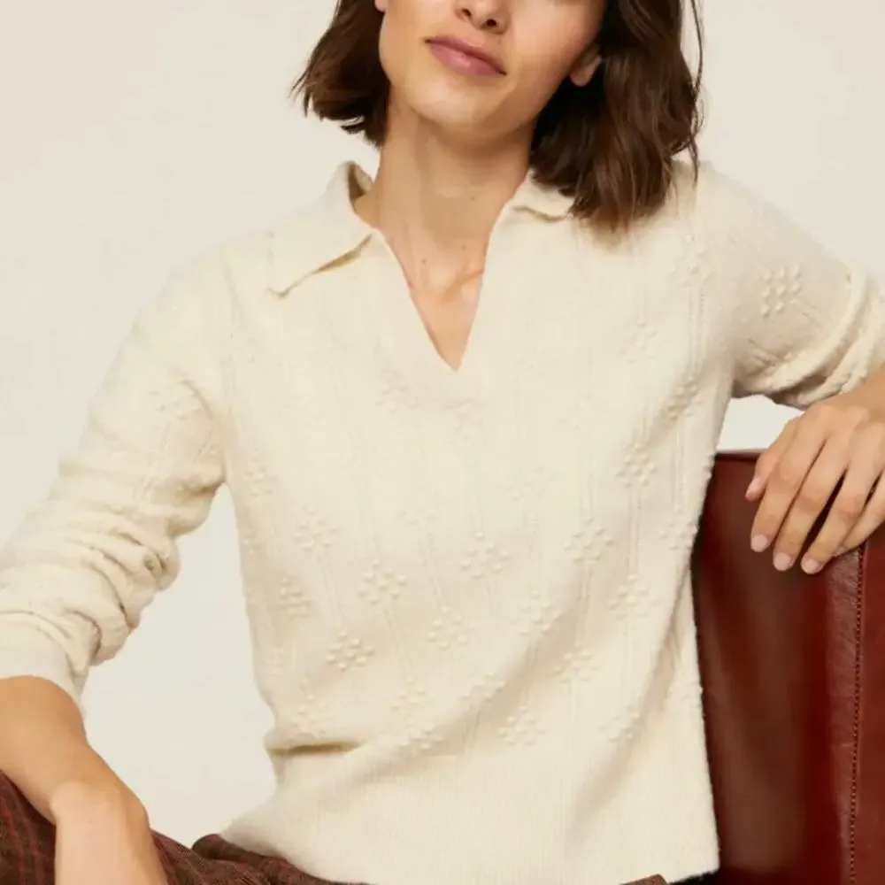 L.K. Bennett White Polo Sweater SMALL Textured Romantic Cottage Designer $340 - Picture 3 of 10